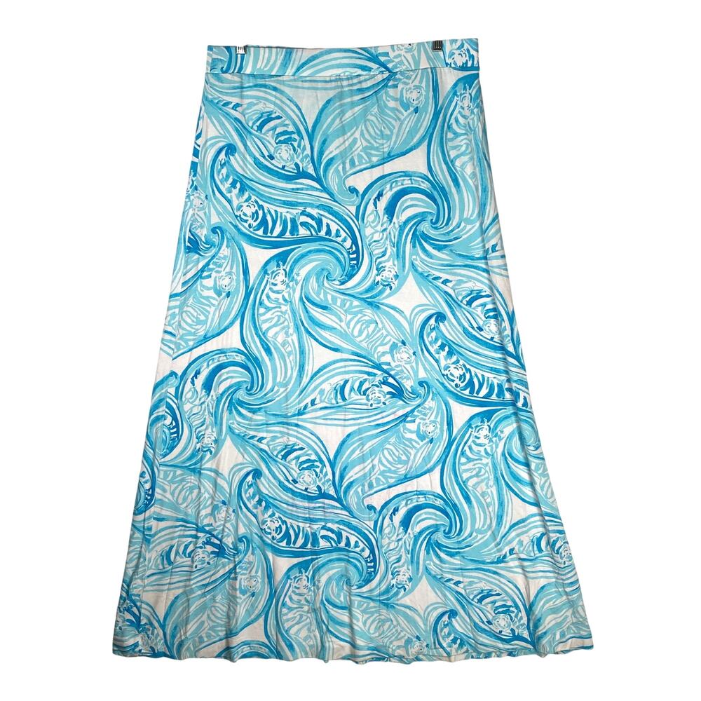 Lilly Pulitzer Tiger Print Maxi Skirt Women XL Blue Resortwear Whimsical Coastal